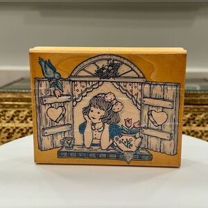 Thinking of You - Girl & Bird at Window - Wood/Rubber Stamp - EUC - Penny Black